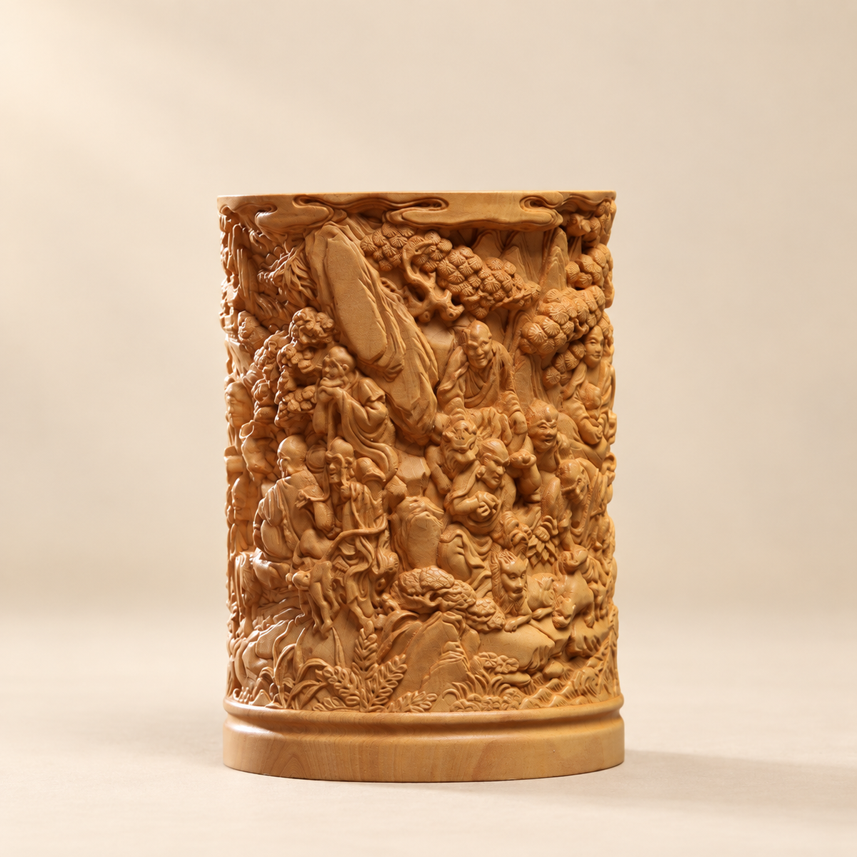 Hand-Carved Boxwood Eighteen Arhats Brush Pot – Chinese Desk Organizer