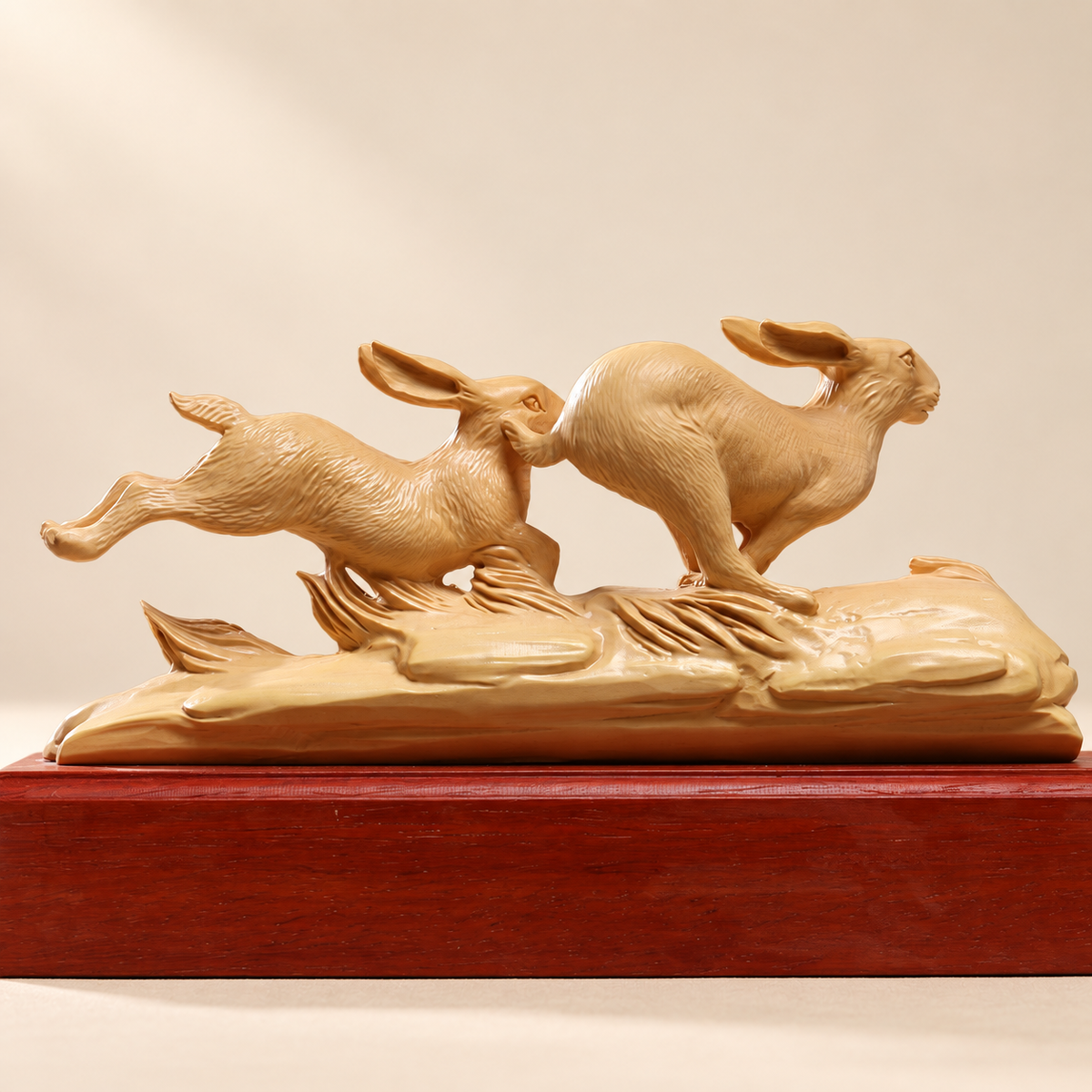 Hand-Carved Boxwood Twin Rabbits Sculpture – Wildlife Home Decor