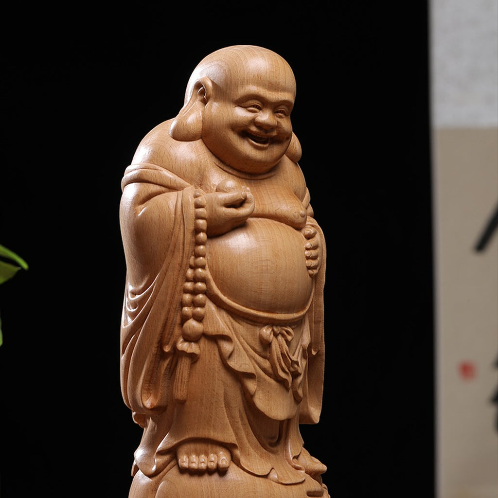 Hand Carved Beech Wood Laughing Buddha Statue - Large Zen Figure, Chinese Wood Carving, Zen Decor
