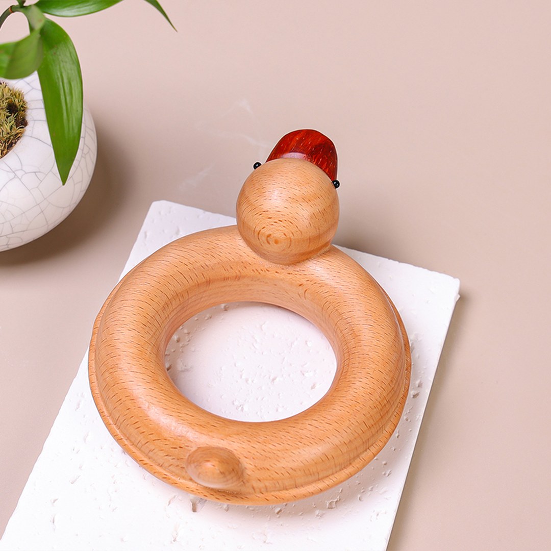 Hand Carved Wooden Duck with Swim Ring - Cute Animal Figurine, Chinese Wood Carving, Gift