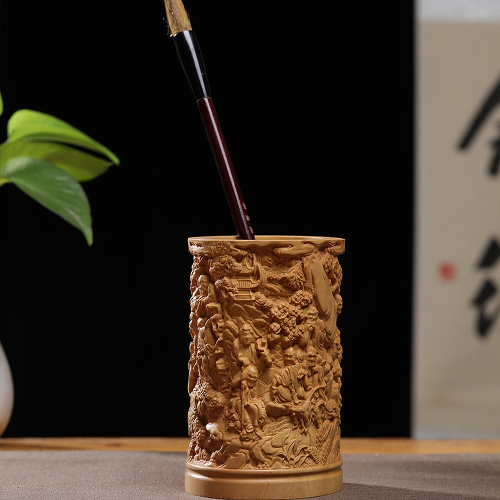 Hand Carved Boxwood Brush Pot with 18 Arhats - Scholar's Desk Organizer, Chinese Wood Carving