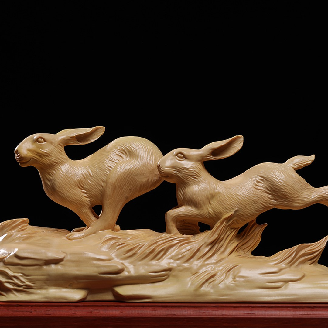Hand Carved Boxwood Twin Rabbits Sculpture - Large Animal Figurine, Chinese Wood Carving, Collectible