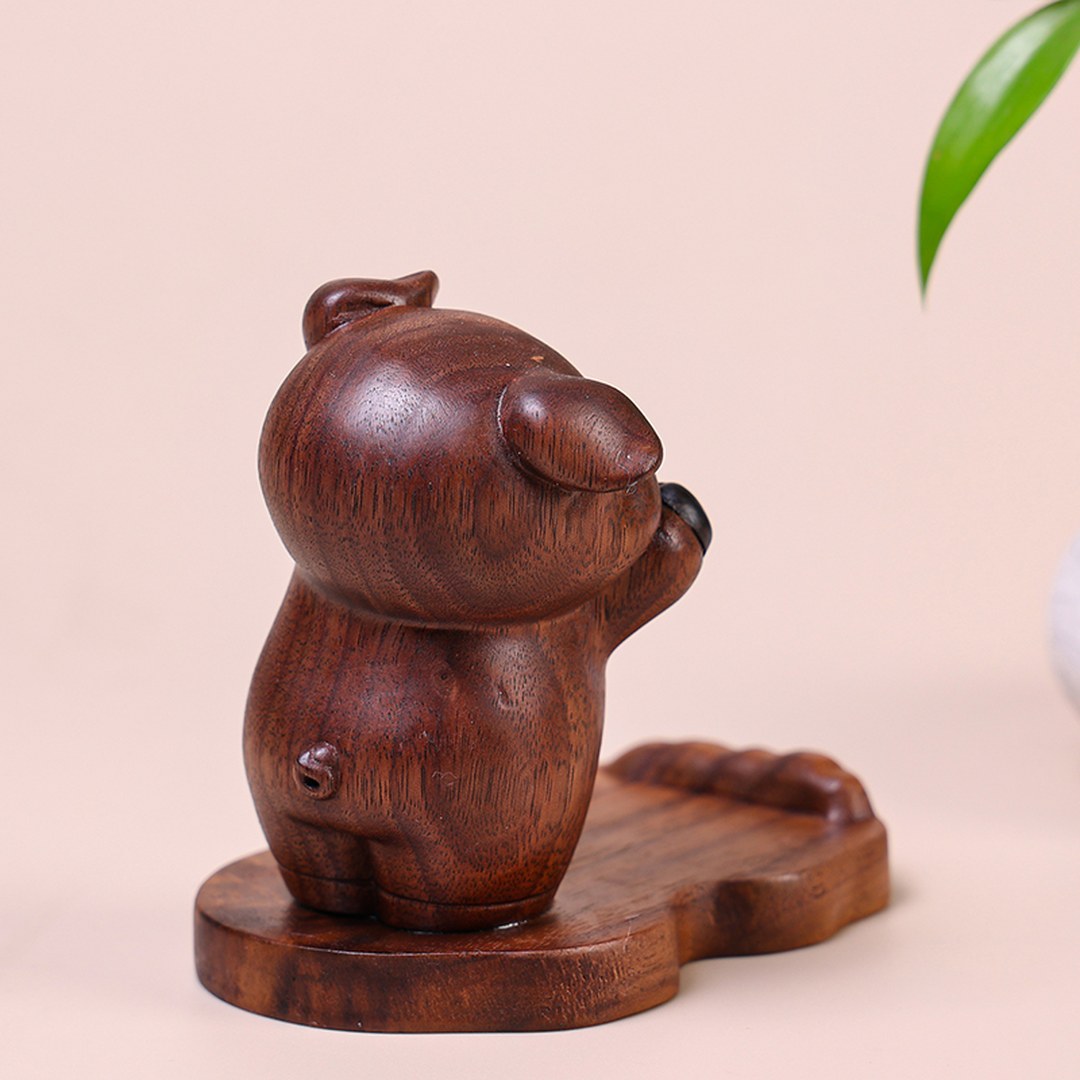 Hand Carved Black Walnut Pig Phone Stand - Chinese Wood Carving, Cute Desktop Holder, Gift