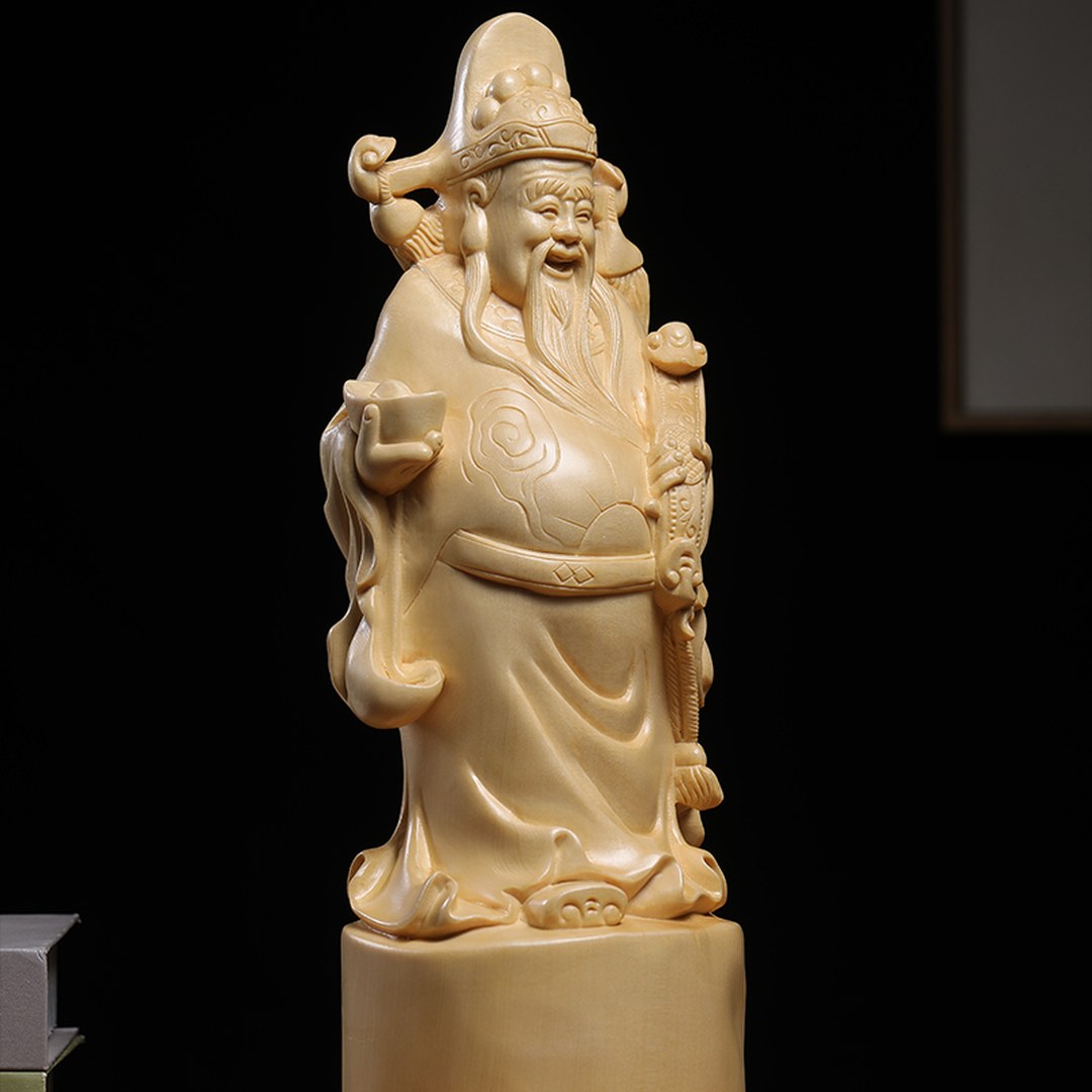 Hand Carved Canadian Cedar Wealth God Statue - Large Fortune Figure, Chinese Wood Carving, Business Gift