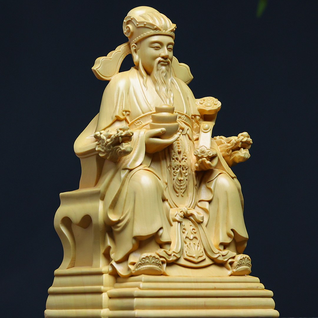 Hand Carved Boxwood Fortune God with Gold Ingot Statue - Chinese Wood Carving, Prosperity Gift