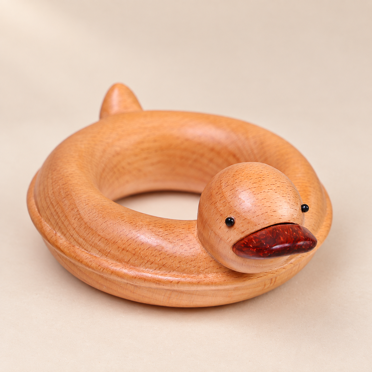 Hand-Carved Wooden Duck with Swim Ring – Cute Desk Figurine