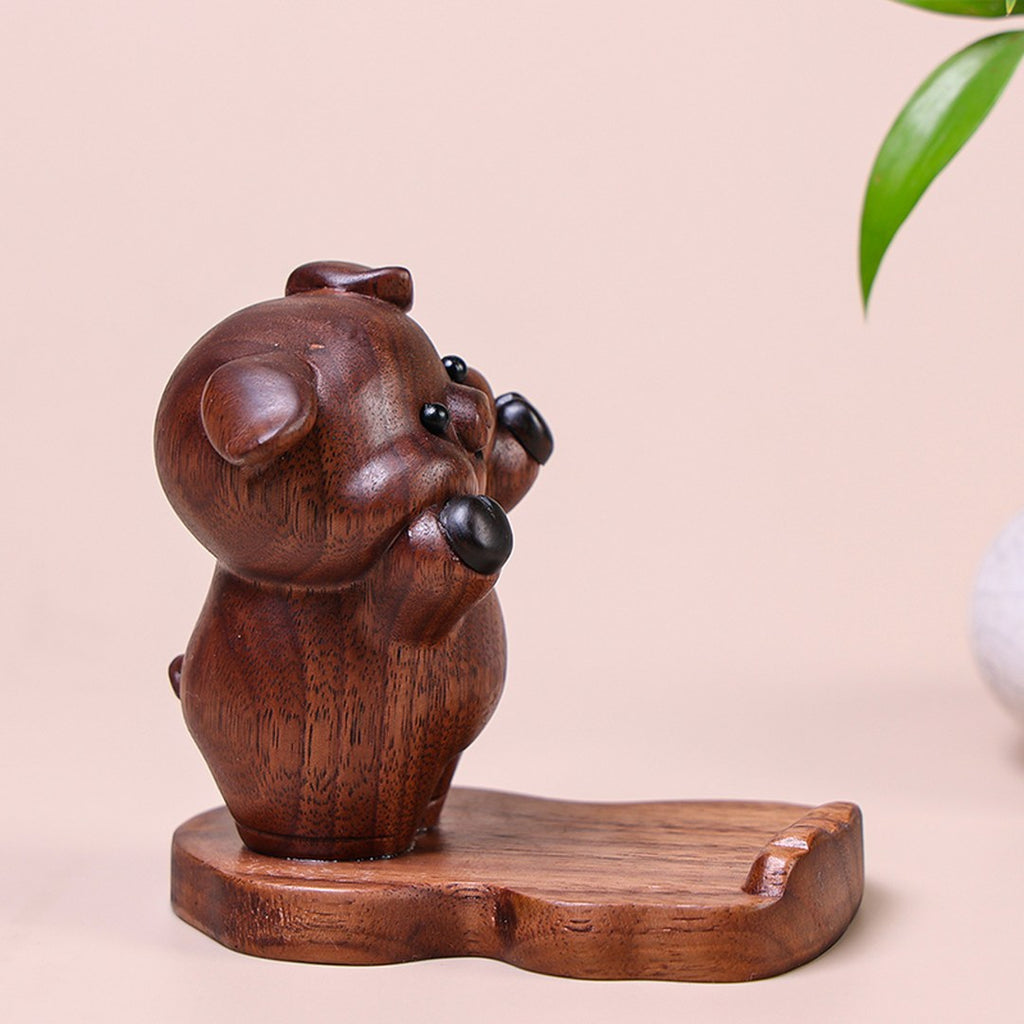 Hand Carved Black Walnut Pig Phone Stand - Chinese Wood Carving, Cute Desktop Holder, Gift