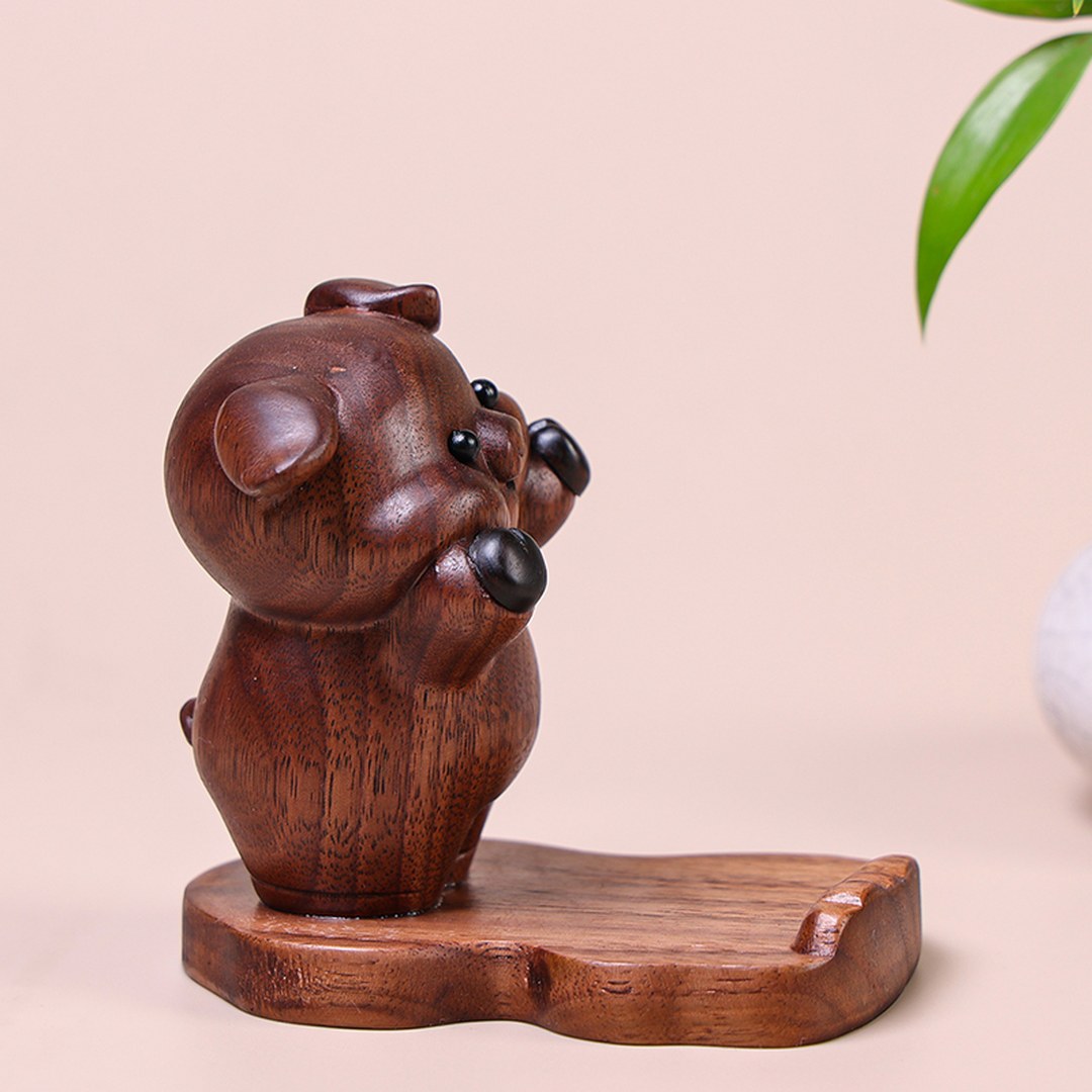 Hand Carved Black Walnut Pig Phone Stand - Chinese Wood Carving, Cute Desktop Holder, Gift