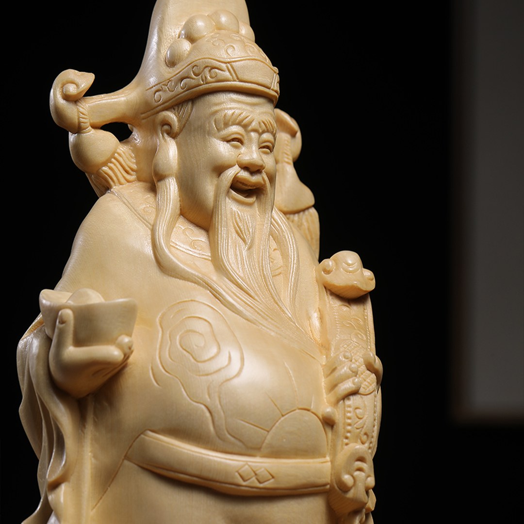 Hand Carved Canadian Cedar Wealth God Statue - Large Fortune Figure, Chinese Wood Carving, Business Gift