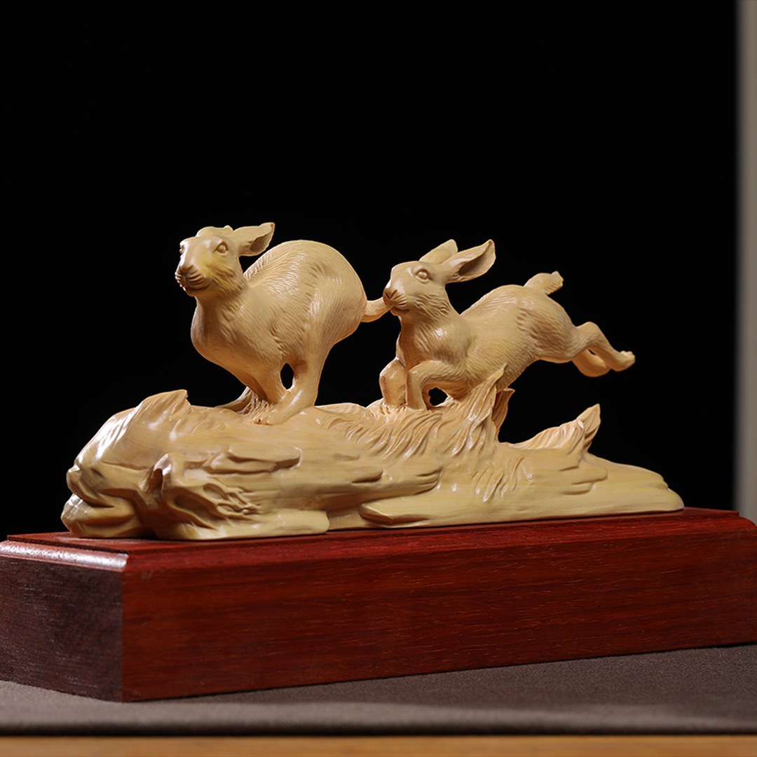 Hand Carved Boxwood Twin Rabbits Sculpture - Large Animal Figurine, Chinese Wood Carving, Collectible