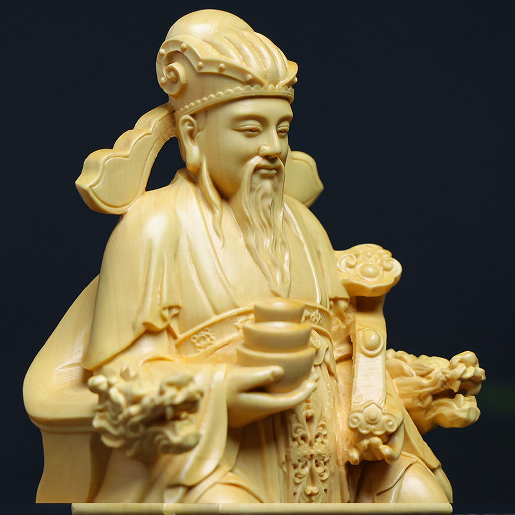 Hand Carved Boxwood Fortune God with Gold Ingot Statue - Chinese Wood Carving, Prosperity Gift