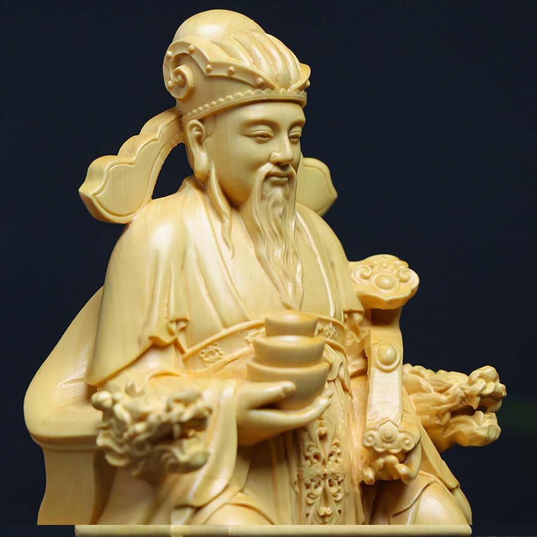 Hand Carved Boxwood Fortune God with Gold Ingot Statue - Chinese Wood Carving, Prosperity Gift