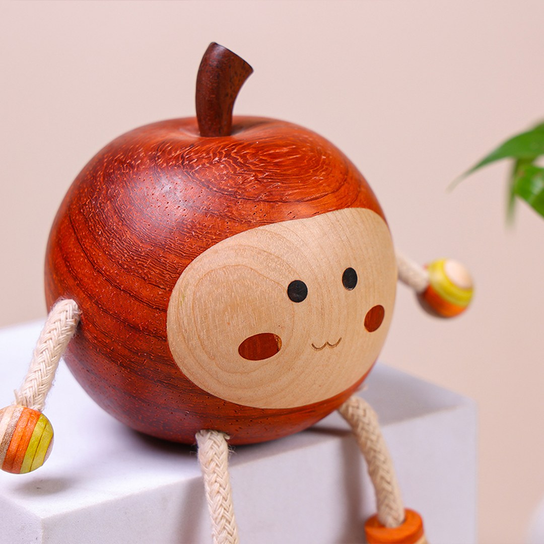 Hand Carved Wooden Peace Apple Figurine - Multi-Wood Inlay, Chinese Wood Carving, Housewarming Gift