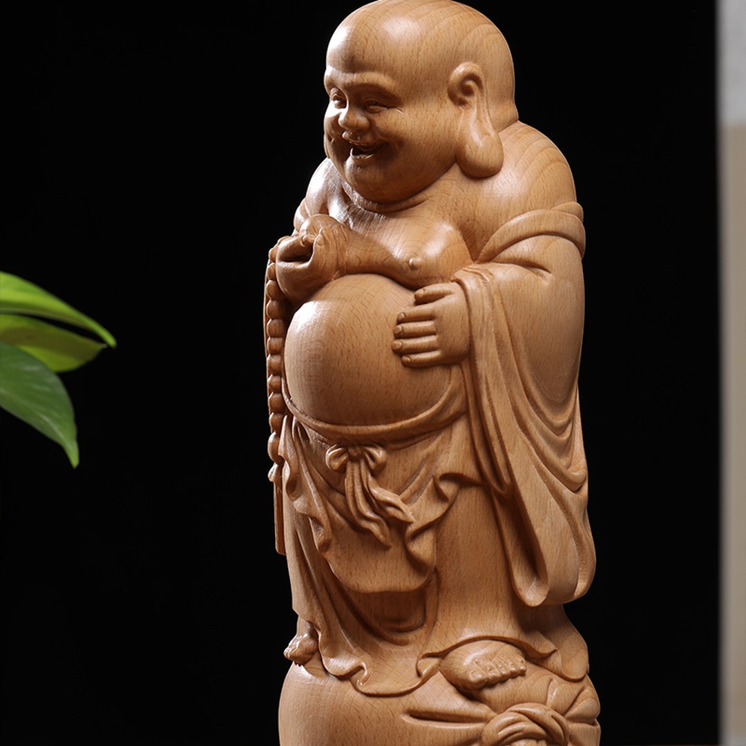 Hand Carved Beech Wood Laughing Buddha Statue - Large Zen Figure, Chinese Wood Carving, Zen Decor