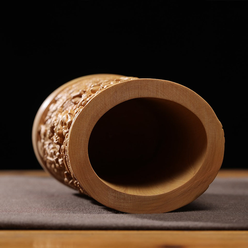 Hand Carved Boxwood Brush Pot with 18 Arhats - Scholar's Desk Organizer, Chinese Wood Carving