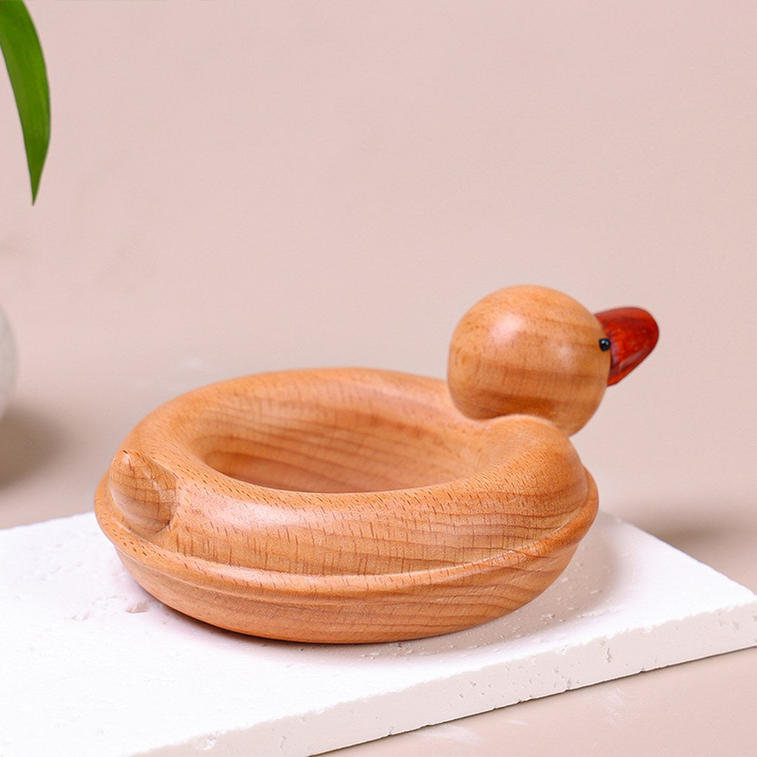 Hand Carved Wooden Duck with Swim Ring - Cute Animal Figurine, Chinese Wood Carving, Gift