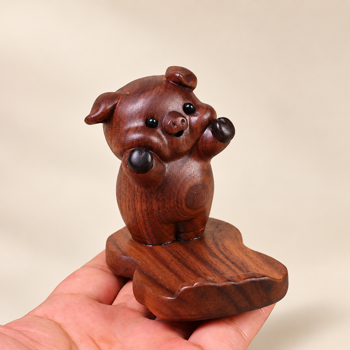 Hand-Carved Black Walnut Pig Phone Stand – Cute Wooden Desk Holder
