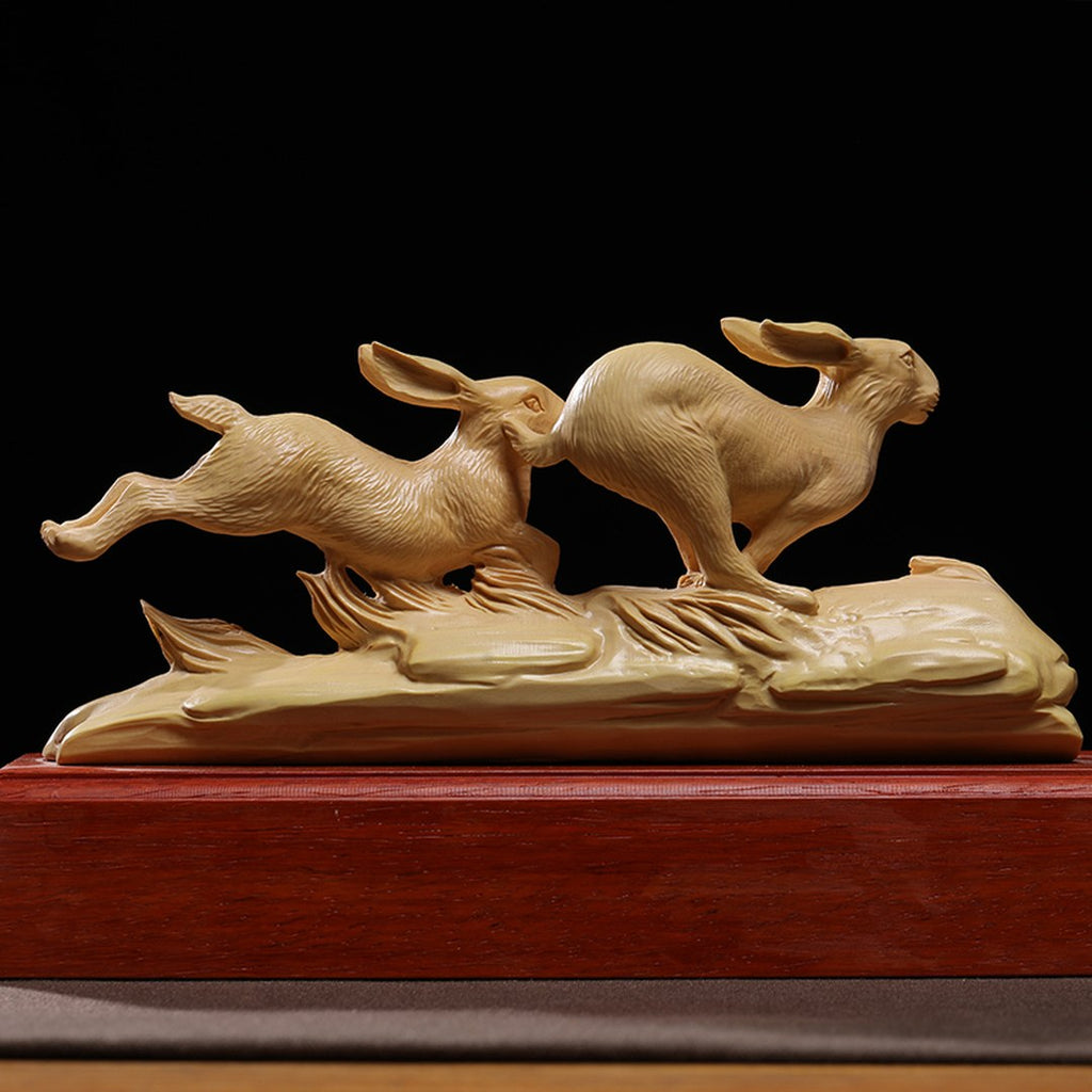 Hand Carved Boxwood Twin Rabbits Sculpture - Large Animal Figurine, Chinese Wood Carving, Collectible
