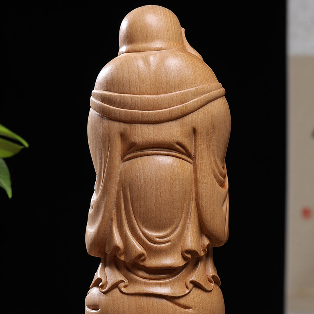 Hand Carved Beech Wood Laughing Buddha Statue - Large Zen Figure, Chinese Wood Carving, Zen Decor