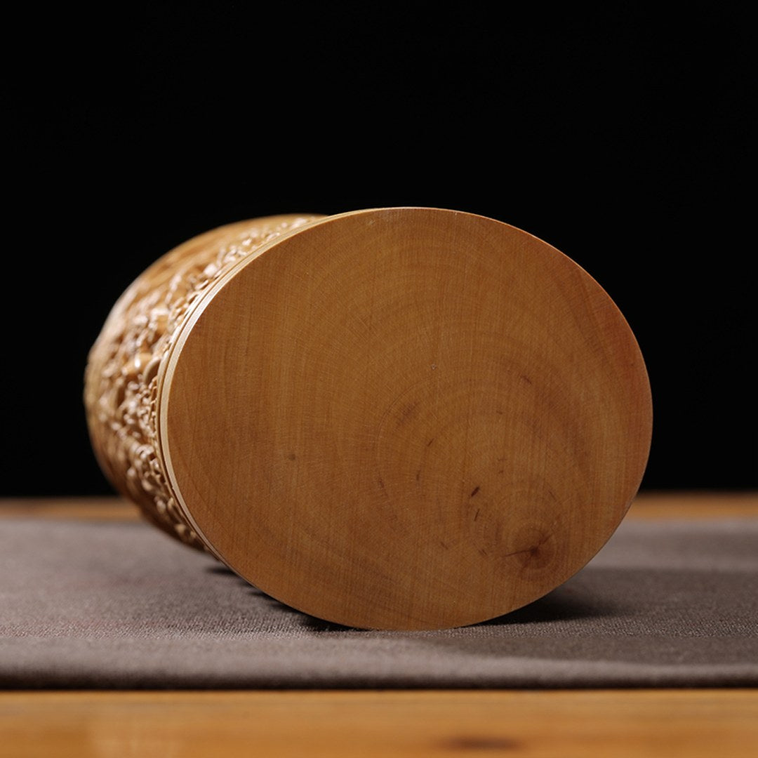 Hand Carved Boxwood Brush Pot with 18 Arhats - Scholar's Desk Organizer, Chinese Wood Carving