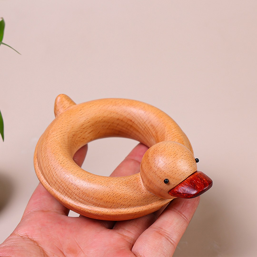 Hand Carved Wooden Duck with Swim Ring - Cute Animal Figurine, Chinese Wood Carving, Gift