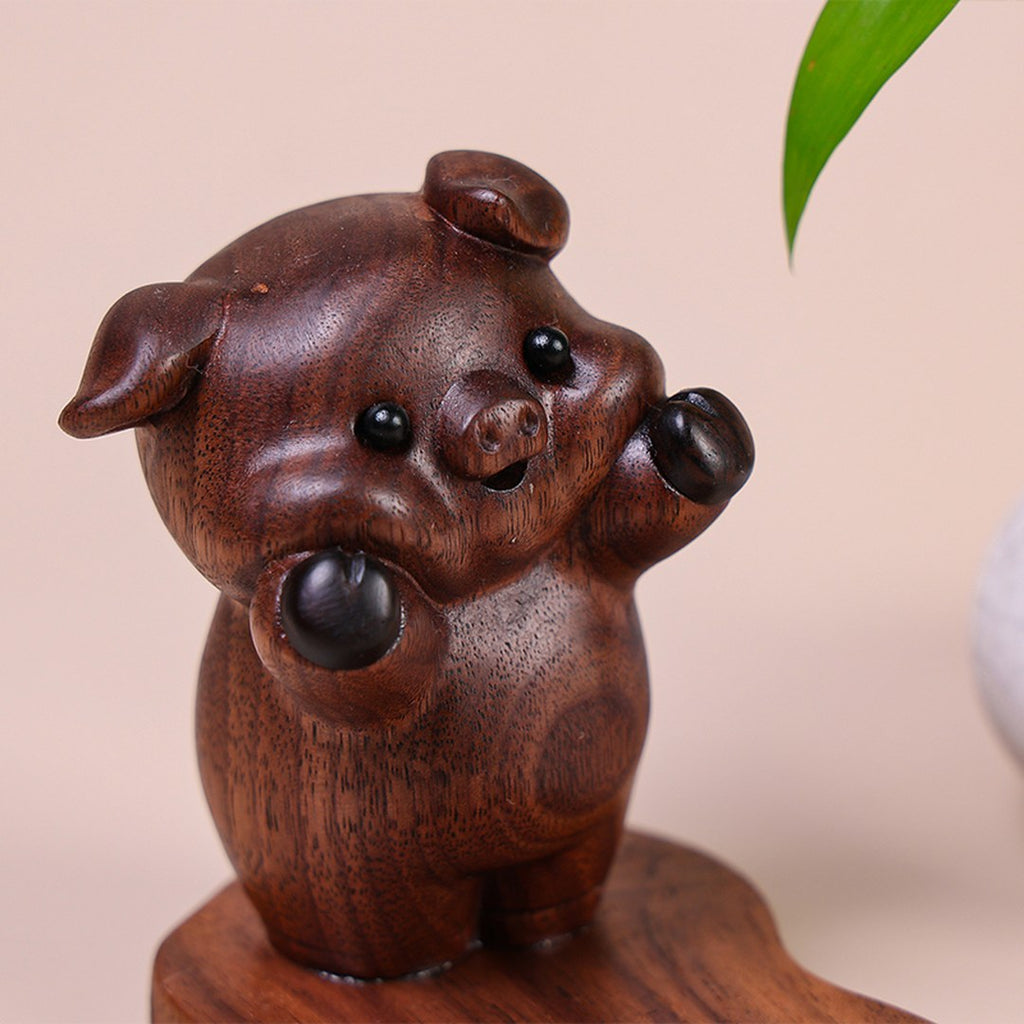 Hand Carved Black Walnut Pig Phone Stand - Chinese Wood Carving, Cute Desktop Holder, Gift
