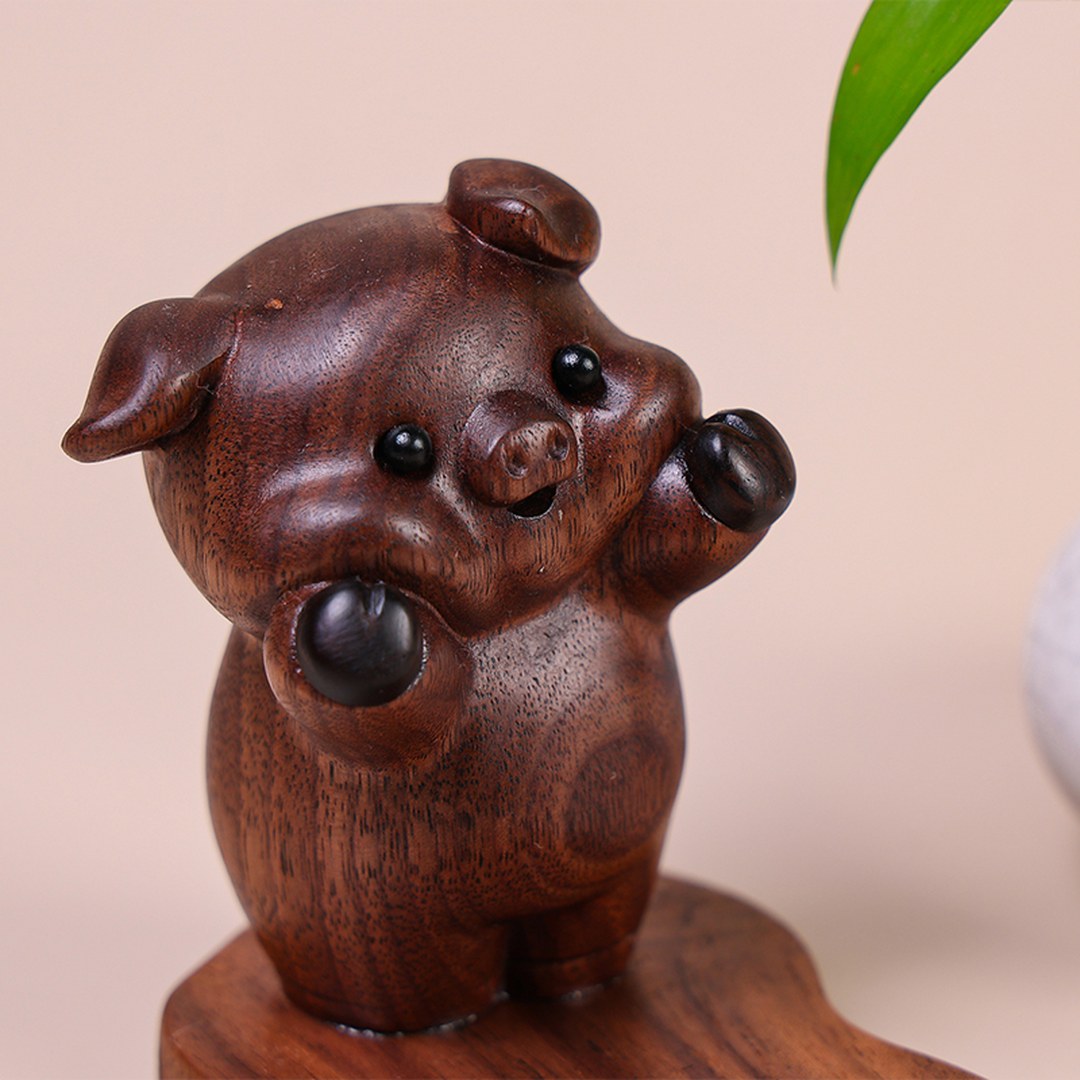 Hand Carved Black Walnut Pig Phone Stand - Chinese Wood Carving, Cute Desktop Holder, Gift