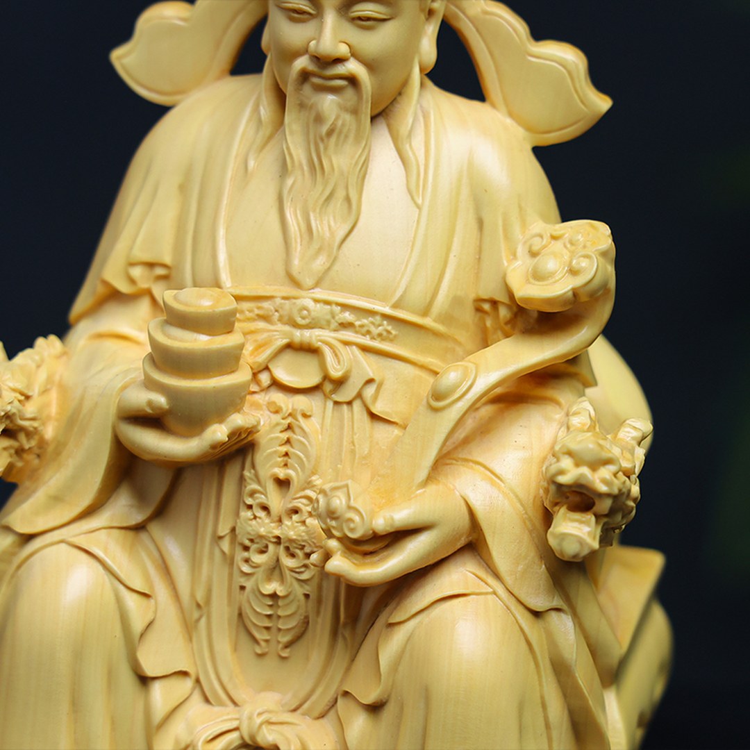 Hand Carved Boxwood Fortune God with Gold Ingot Statue - Chinese Wood Carving, Prosperity Gift