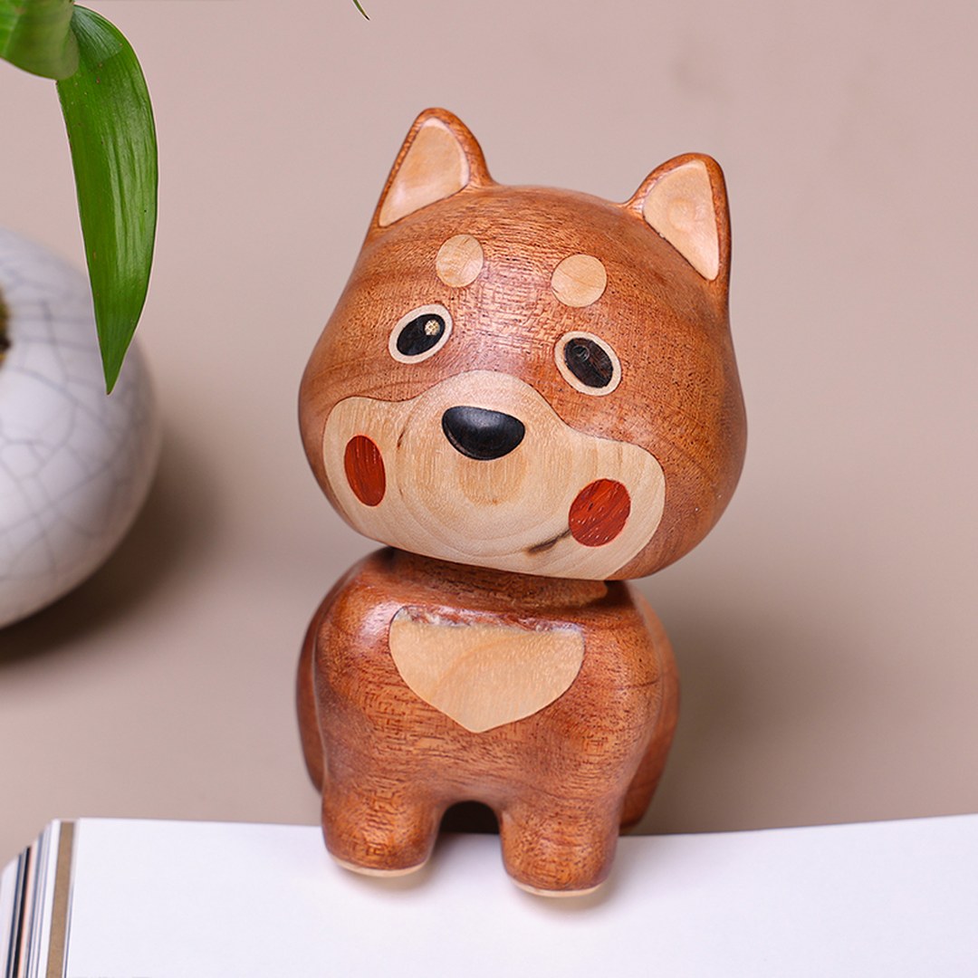 Hand Carved Wooden Bobblehead Dog - Wobbly Puppy Figurine, Chinese Wood Carving, Dog Lover Gift