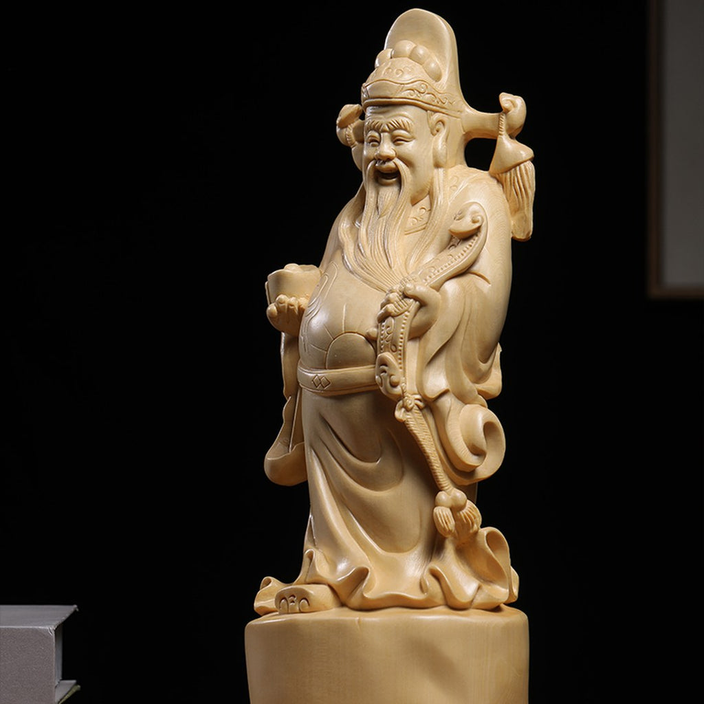 Hand Carved Canadian Cedar Wealth God Statue - Large Fortune Figure, Chinese Wood Carving, Business Gift