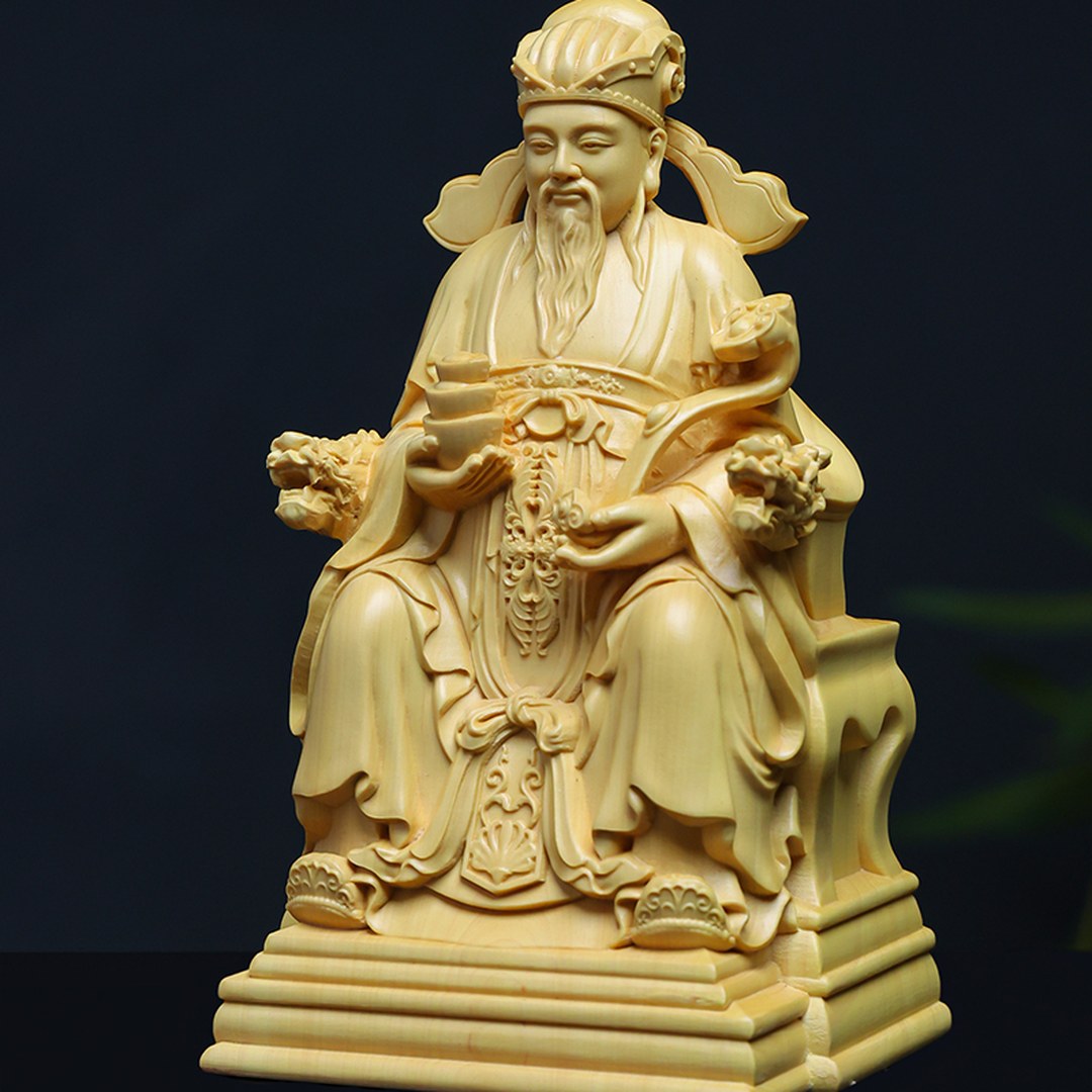 Hand Carved Boxwood Fortune God with Gold Ingot Statue - Chinese Wood Carving, Prosperity Gift