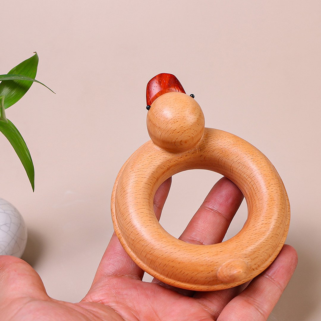 Hand Carved Wooden Duck with Swim Ring - Cute Animal Figurine, Chinese Wood Carving, Gift