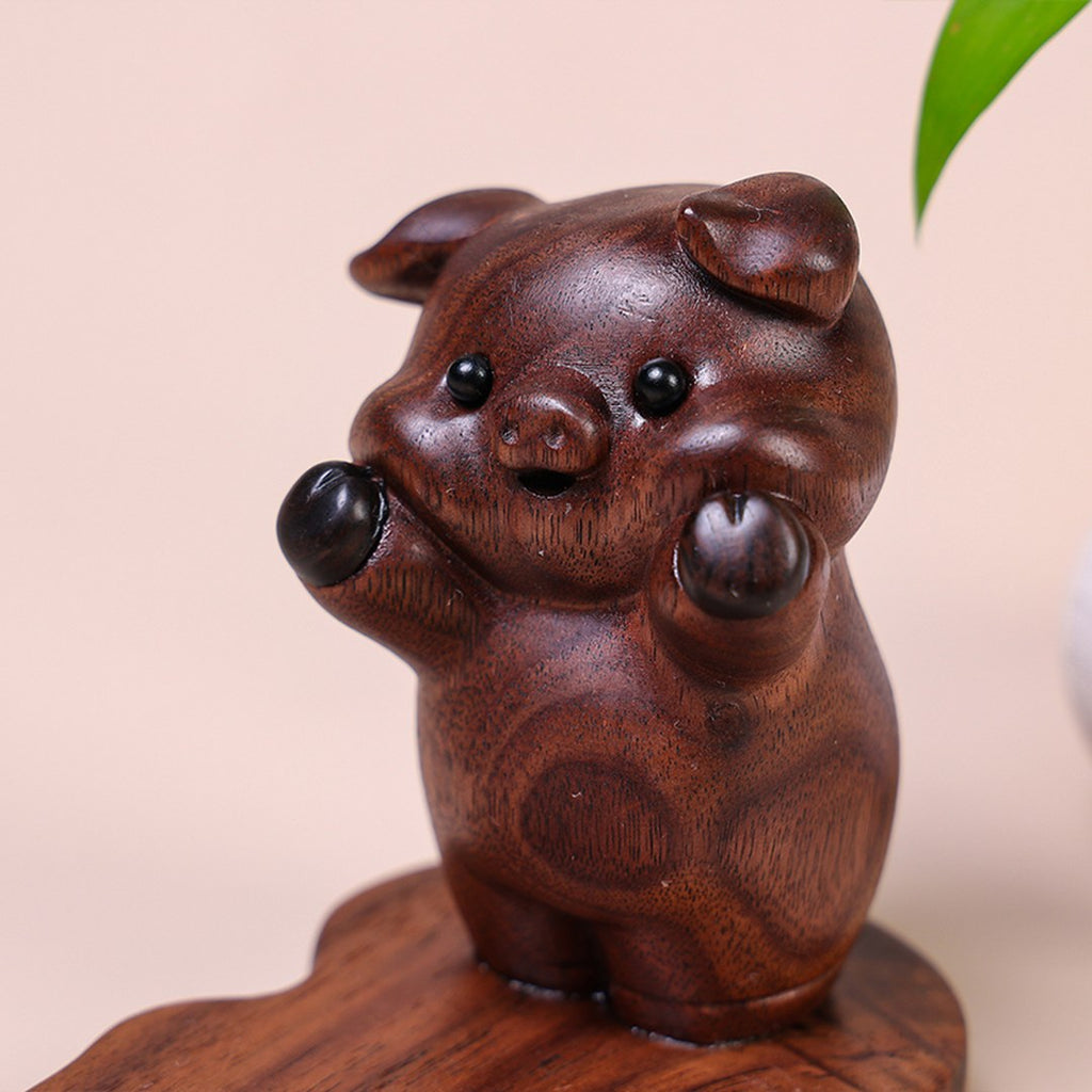 Hand Carved Black Walnut Pig Phone Stand - Chinese Wood Carving, Cute Desktop Holder, Gift