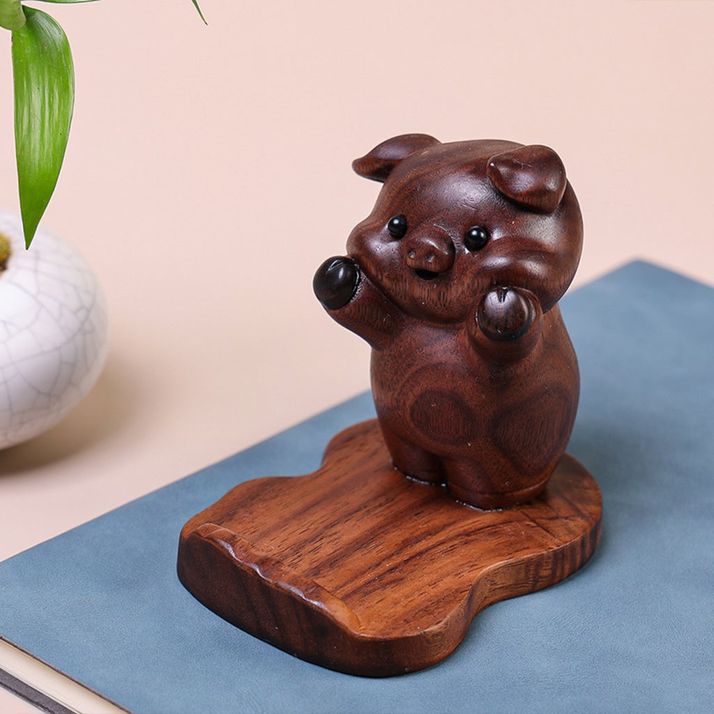 Hand Carved Black Walnut Pig Phone Stand - Chinese Wood Carving, Cute Desktop Holder, Gift