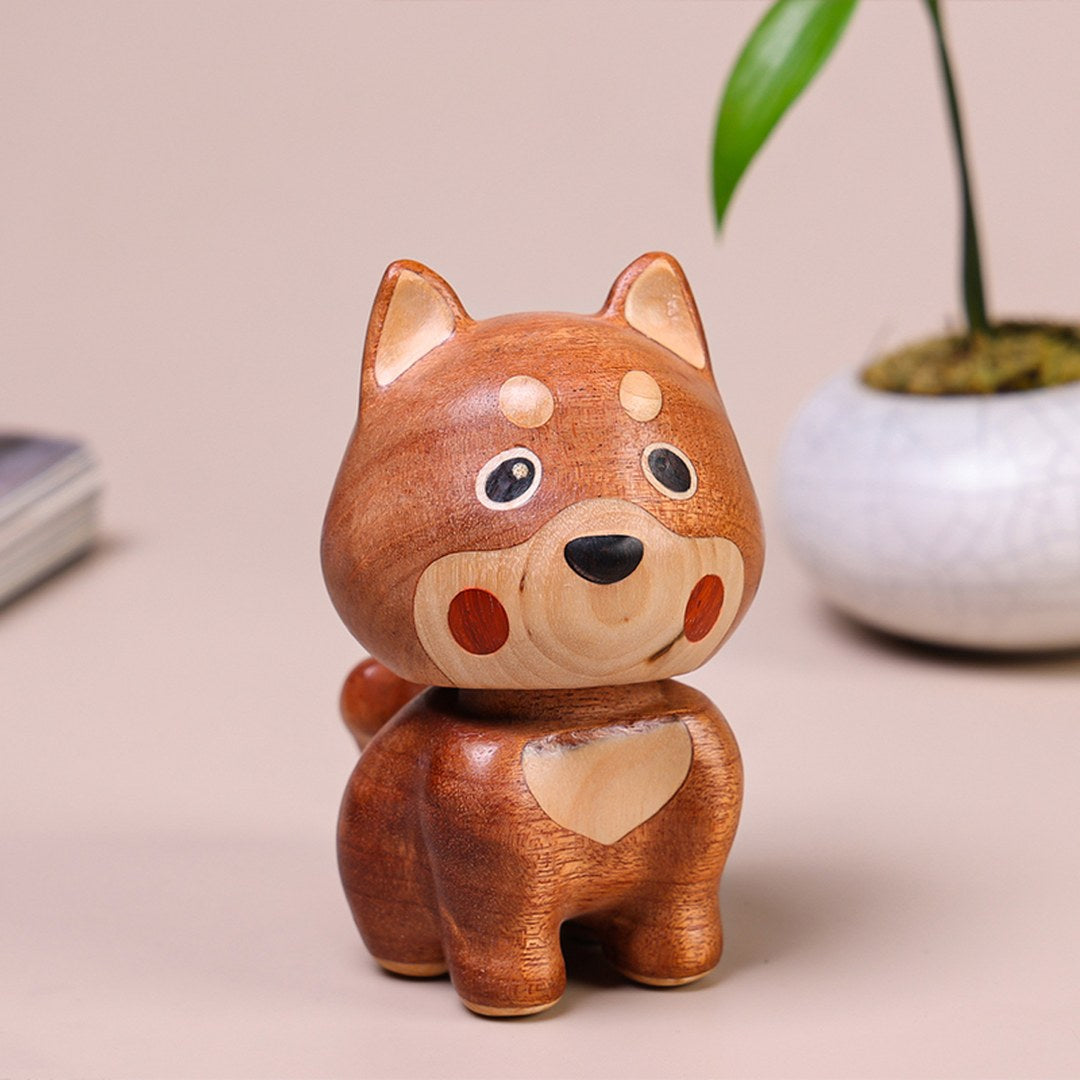 Hand Carved Wooden Bobblehead Dog - Wobbly Puppy Figurine, Chinese Wood Carving, Dog Lover Gift