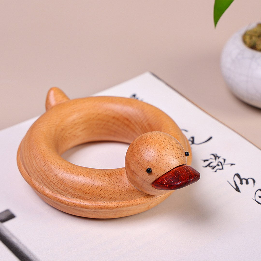 Hand Carved Wooden Duck with Swim Ring - Cute Animal Figurine, Chinese Wood Carving, Gift