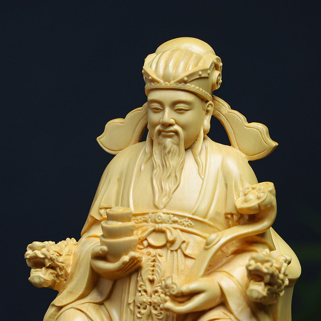 Hand Carved Boxwood Fortune God with Gold Ingot Statue - Chinese Wood Carving, Prosperity Gift