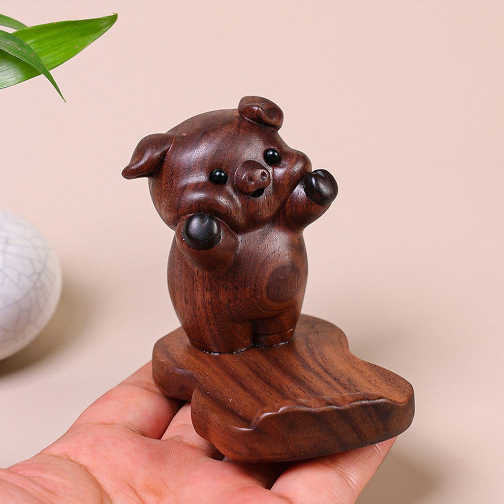 Hand Carved Black Walnut Pig Phone Stand - Chinese Wood Carving, Cute Desktop Holder, Gift
