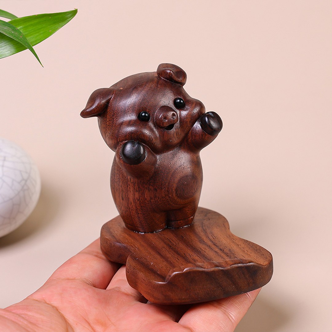 Hand Carved Black Walnut Pig Phone Stand - Chinese Wood Carving, Cute Desktop Holder, Gift