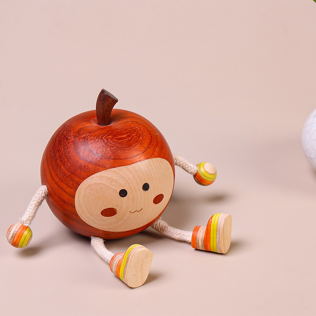 Hand Carved Wooden Peace Apple Figurine - Multi-Wood Inlay, Chinese Wood Carving, Housewarming Gift