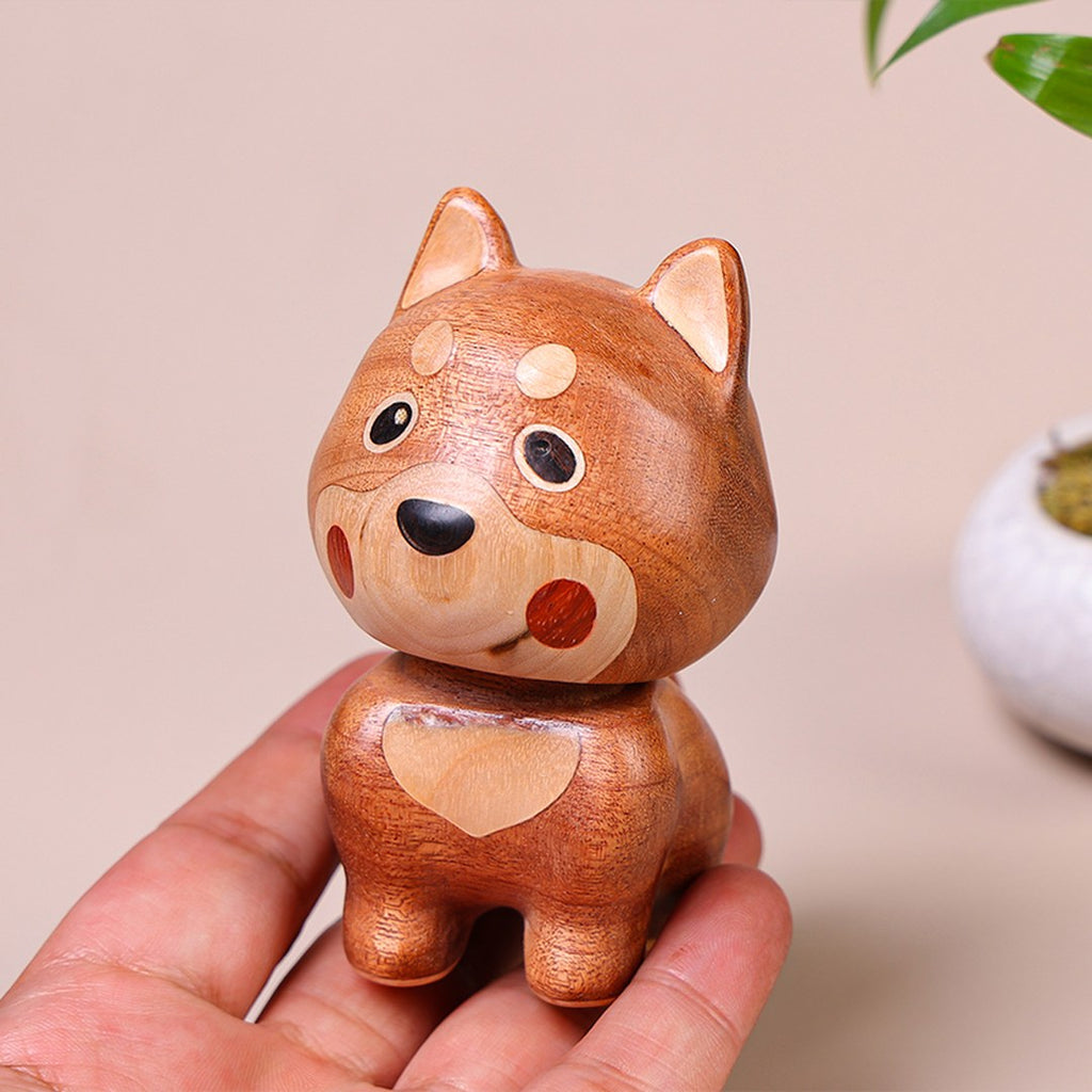 Hand Carved Wooden Bobblehead Dog - Wobbly Puppy Figurine, Chinese Wood Carving, Dog Lover Gift