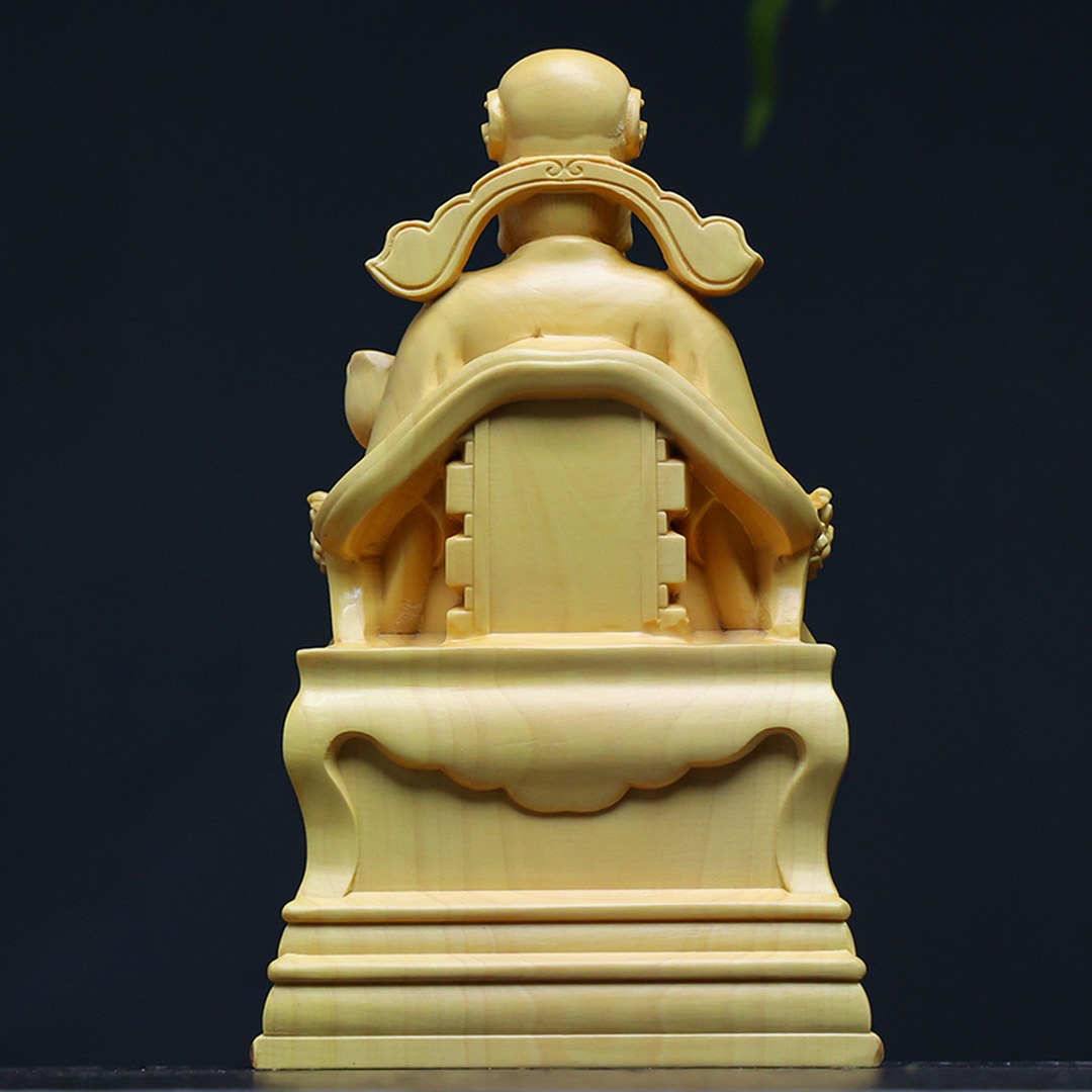 Hand Carved Boxwood Fortune God with Gold Ingot Statue - Chinese Wood Carving, Prosperity Gift