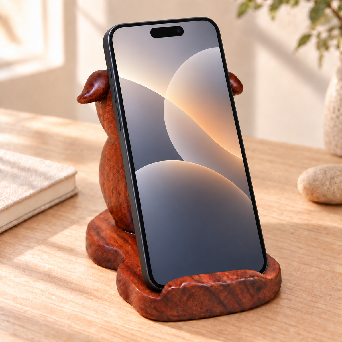 Hand-Carved Black Walnut Pig Phone Stand – Cute Wooden Desk Holder