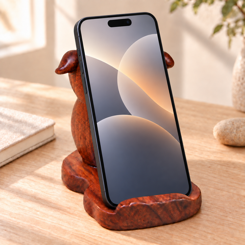 Hand-Carved Black Walnut Pig Phone Stand – Cute Wooden Desk Holder