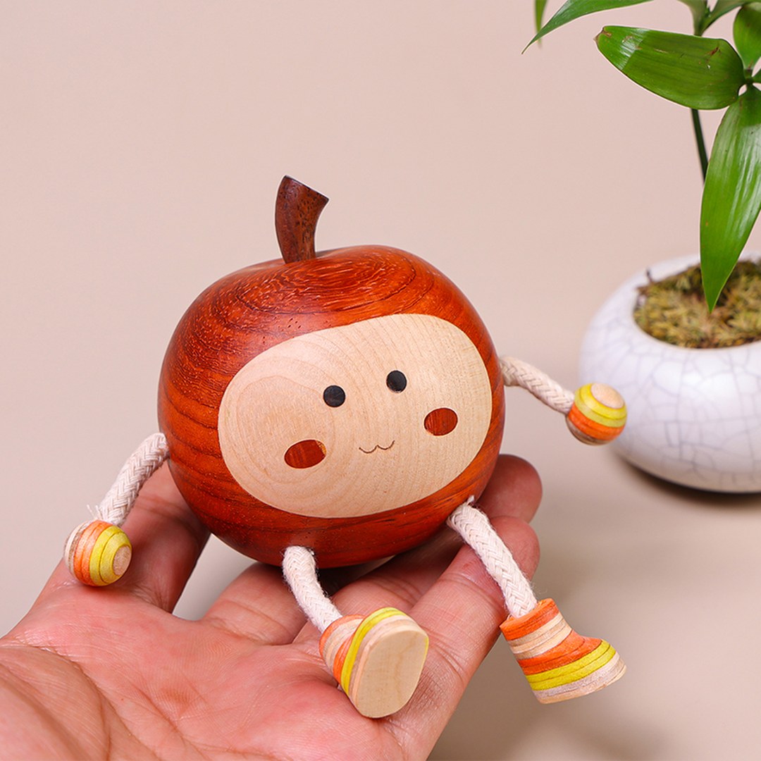 Hand Carved Wooden Peace Apple Figurine - Multi-Wood Inlay, Chinese Wood Carving, Housewarming Gift