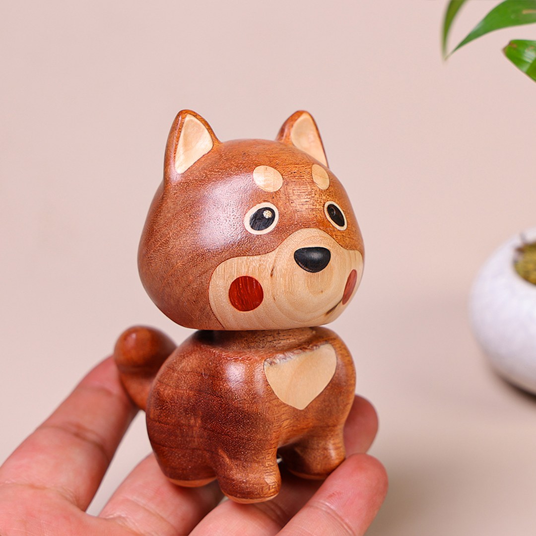 Hand Carved Wooden Bobblehead Dog - Wobbly Puppy Figurine, Chinese Wood Carving, Dog Lover Gift