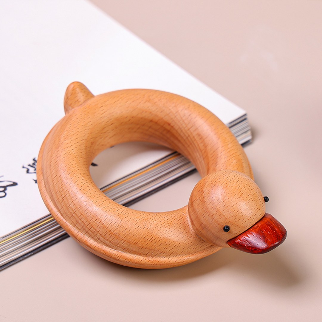 Hand Carved Wooden Duck with Swim Ring - Cute Animal Figurine, Chinese Wood Carving, Gift