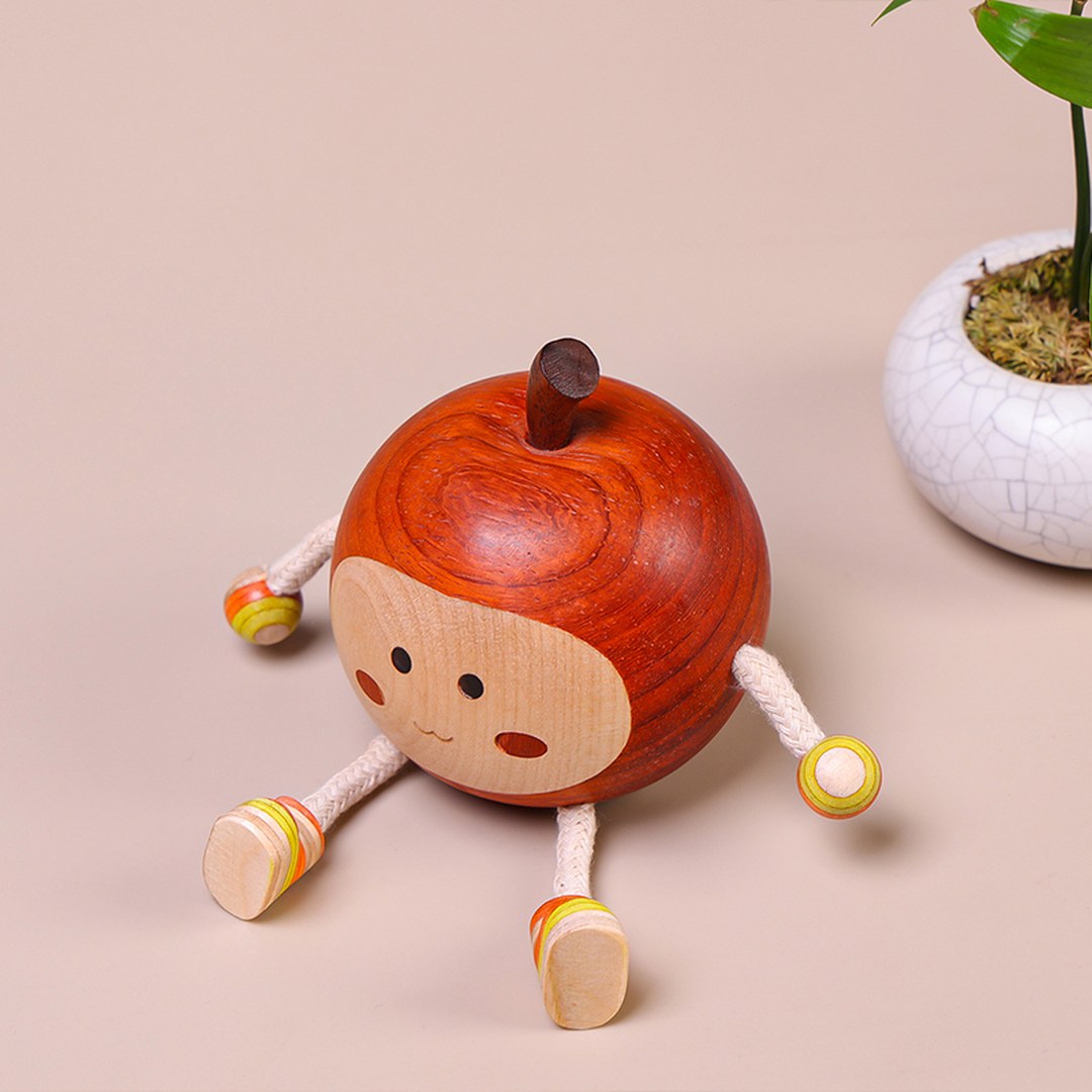 Hand Carved Wooden Peace Apple Figurine - Multi-Wood Inlay, Chinese Wood Carving, Housewarming Gift